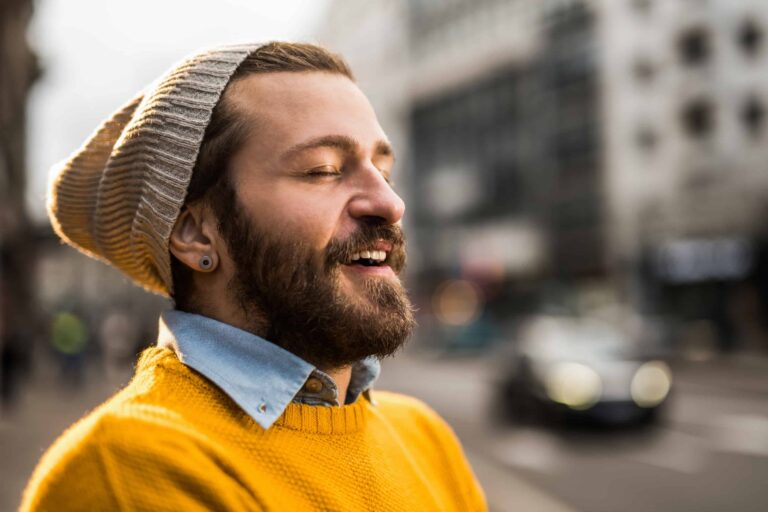 Relieved Man On Sidewalk